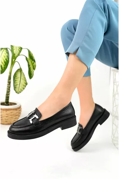 Echtes Leder Schwarze Schnalle Damen Schuhe Loafer Echtes Leder Schnalle Schwarzer Loafer