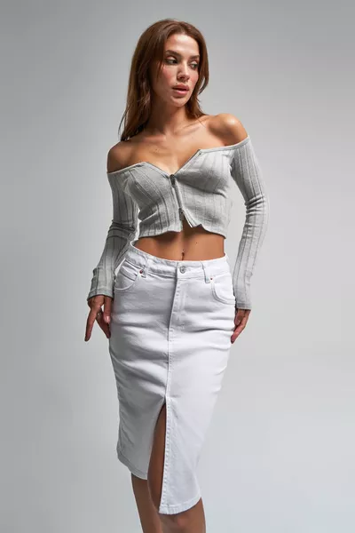 المرأة اللون الأبيض ميدي طول عالية الخصر شق تنورة جان