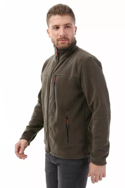 Unisex Khaki Bato Collar Full Zipper 3 Pocket Outdoor Fleece Jacket