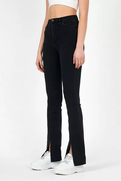 Jeans Jeans da donna in lycra a vita alta nera con spacco frontale