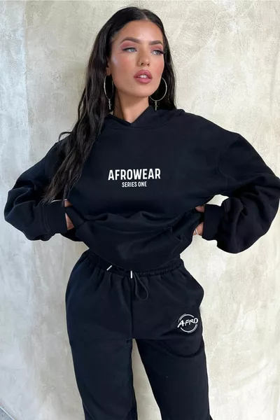 Дамски комплект черен анцуг с щампа на афро облекло