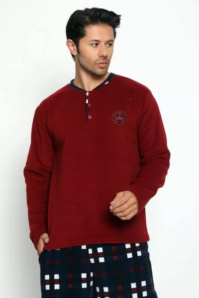 Burgundy Department Printed Fleece Men's Pajamas Set