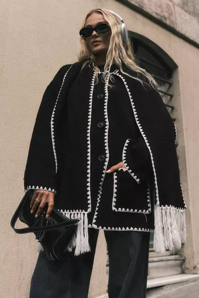 CARDIGAN EN MAILLE AVEC PASSEPOIL COL CHÂLE - NOIR