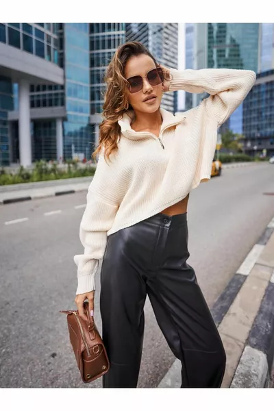 Oversize-Crop-Strickpullover mit Reißverschluss für Damen