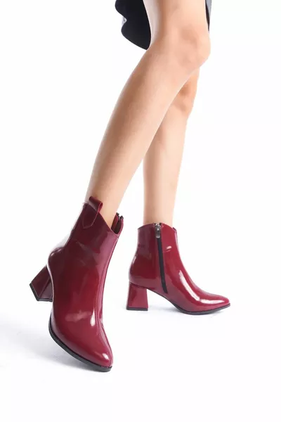 بورجوندي براءات الاختراع الجلود رعاة البقر نمط قصيرة مدببة اصبع القدم أحذية نسائية سميكة الكعب