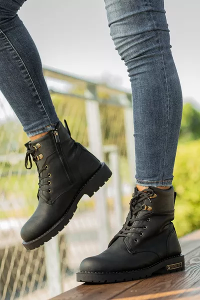 Herren Schwarz Schnürung Orthopädisch Flache Sohle Anti-Schweiß Lederstiefel Wasserdicht Langlebig Komfortabel Post