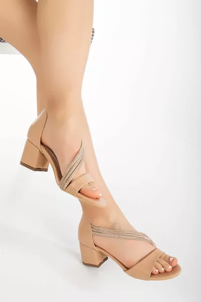 Thick Monoband 3 Row Cross Stone Nude Women's Evening Dress Short Heeled Sandals