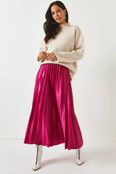 Fuchsia Leather Look Pleated Bell Skirt 