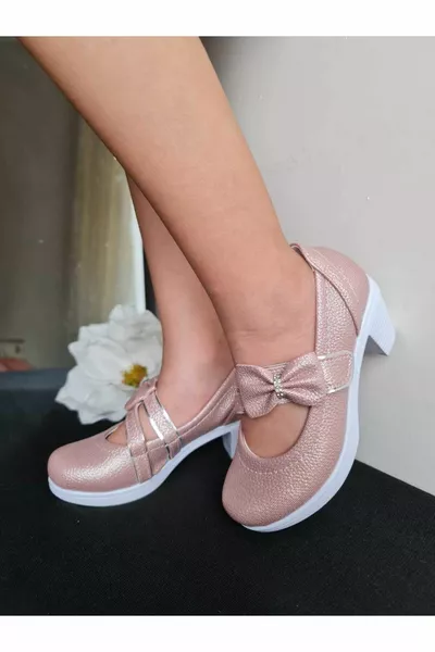 Girls' Bow Detailed Double Stripe Pink Heeled Evening Shoes, Heeled Sandals