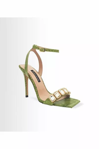 Puera Damen Baguette Sandalen mit Schlangenleder mit Absatz mit Steindetail (GRÜN)
