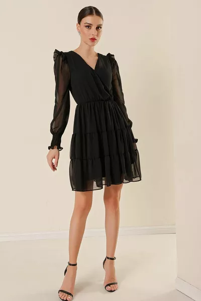 Двуредна ръкава с подплата на яка Рокля от шифон с волани