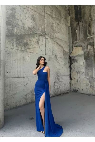 Tailed Slit Evening Dress SAKS BLUE