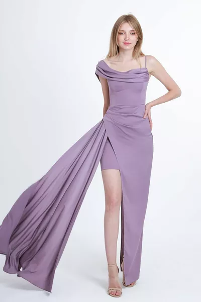 Dames One Shoulder Gedetailleerde Avondjurk Lila