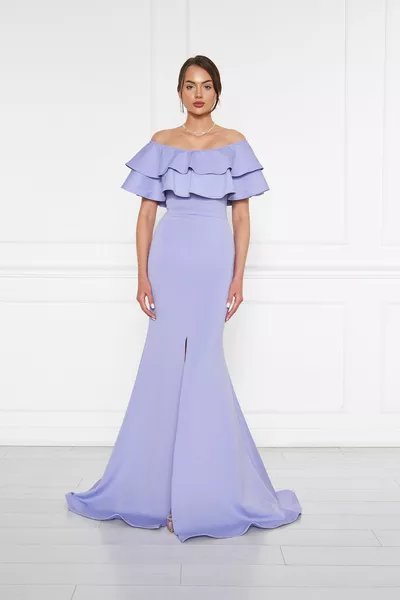 Robe de soirée sirène à col Carmen fendue en tissu extensible à épaules basses Maxi longueur sirène