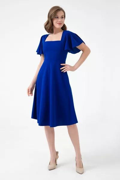 Women's Sleeves Flounced Sax Blue Flexible Scuba Crepe Fabric Square Neck Midi Length Evening Dress 