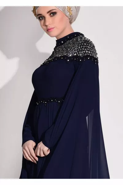 Жените тъмносин съдия яка мъниста шифон вечерна рокля 