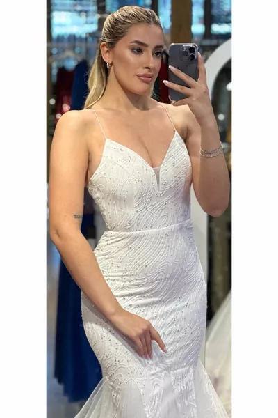 Robe de soirée en forme de poisson à paillettes longues pour femmes Blanc 