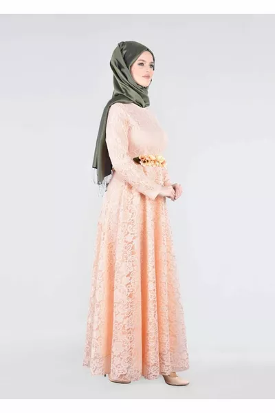 Robe de soirée ceinturée en dentelle Tuay Powder (saumon) T  Tuay