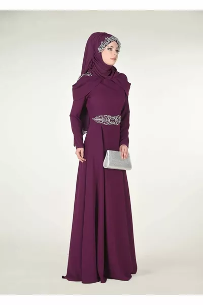 Abito da sera dettagliato ricamato viola da donna 