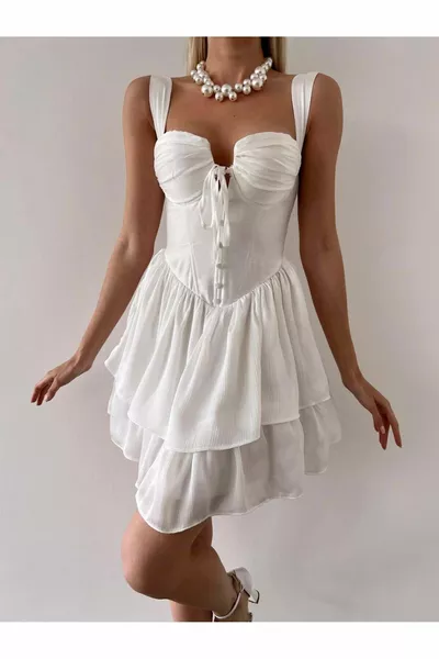 Дамска вечерна рокля, дебела каишка корсет, поглед, бутон детайл на предната мини вечерна рокля & дипломиране рокля