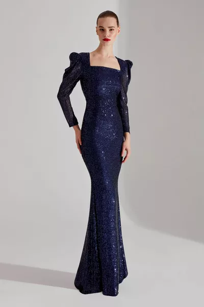 ANJAA SPARKLING DARK BLUE Vis avondjurk met vierkante hals