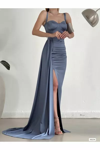 Жените синьо сърце яка рамото отворена каишка Glop цепка риба дълго Макси дължина сатен плат вечерна рокля