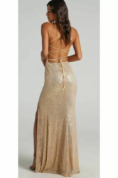 Hilaltrend Zara Pulpayet Embroidered Gold Evening Dress