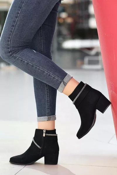 Feles Stripe Stone Detailed Women's Boots BLACK-SUEDE