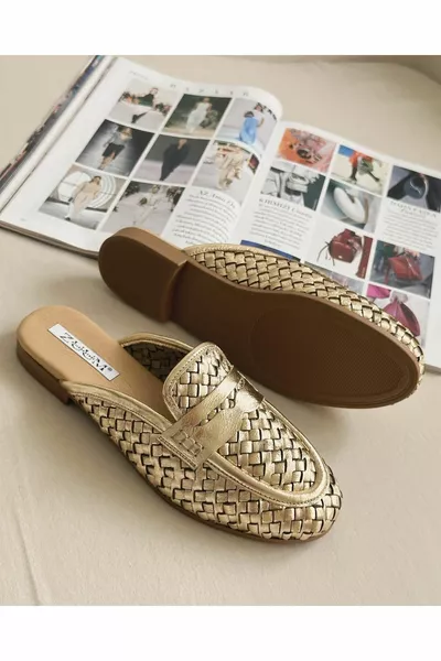 Rikon % Echt Leer Gebreide Dames Pantoffels - Goud Leer