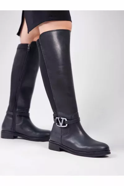 Stivali in ecopelle con cerniera a ginocchio con fibbia a V nera da donna - Tessuto per paracadute elasticizzato comodo ed elegante