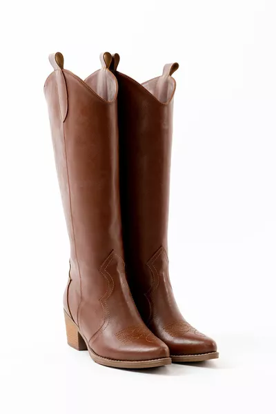 المرأة تان الجلود المطرزة رعاة البقر أحذية طويلة