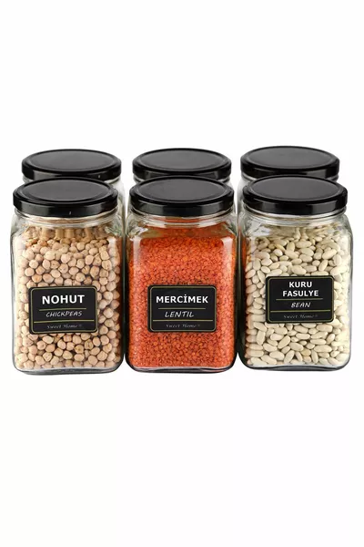 6 черни буркани с капак, стъклени, с ъглови етикети за подправки и зърнени храни