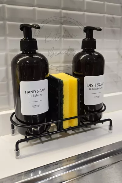 2'li Metal Standlı Bulaşık Süngerli Sıvı Sabunluk Mutfak ve Banyo Seti Tezgah Üstü Bulaşıklık
