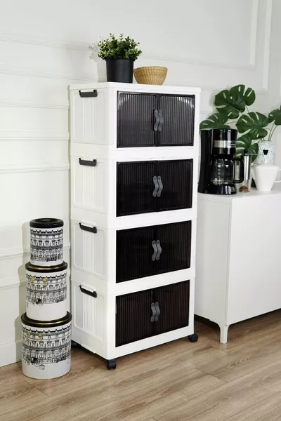 خزانة منظمة بعجلات قابلة للتكديس بأربعة أقسام، بلاستيكية للحمام والمطبخ، لون أبيض