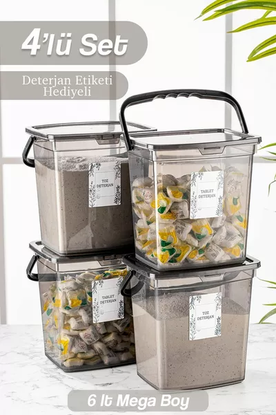4'lü Etiketli 6 Lt Deterjan Saklama Kabı - Kulplu Tablet Deterjan Saklama Kutusu Antrasit