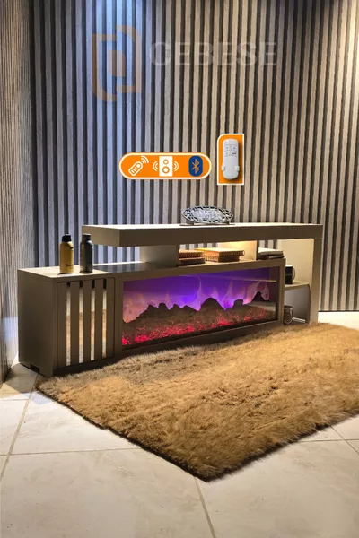 Decorative Electric Artificial Fireplace and TV Unit Cm X Cm, with remote control, Bluetooth sound, Beige Color