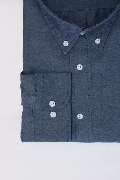 Plus Size Long Sleeve Oxford Texture Collar Buttoned Pocket Embroidered Blue Men's Shirt