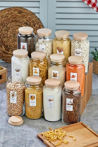 Set of Labeled Glass Jars with Lids, Vacuum Storage Container, Jumbo Size Ml