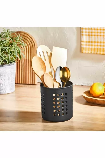 Zwarte cilinderlepelhouder aanrecht serveerstandaard rechtstaande lepelorganizer