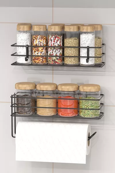 حامل التوابل المعدني اللاصق مزدوج مع حامل مناشف ورقية أسود رف المطبخ