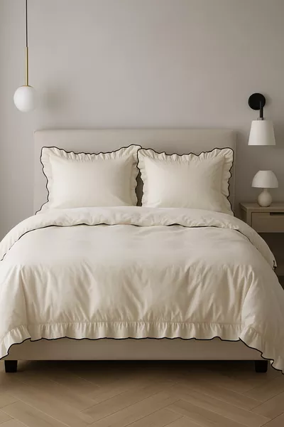 Tweepersoons Beddengoedset % Katoen Versierd met Overlock en Ruches