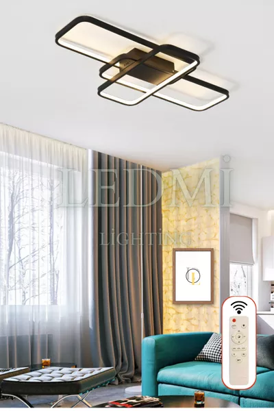 ثريا سقف مستطيلة سوداء بإضاءة قوية LED، إضاءة بثلاث ألوان، ثريا مع جهاز تحكم عن بعد، ثريا صالون