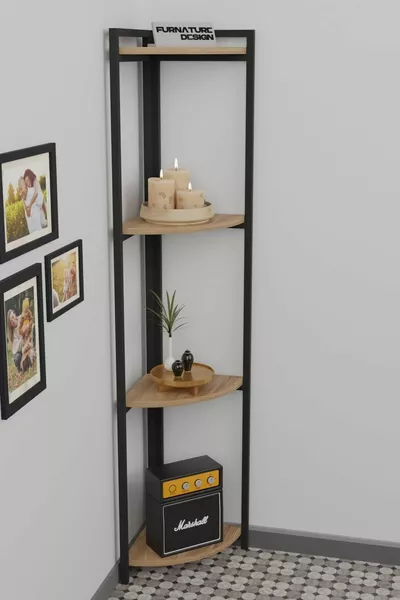 رف زاوية معدني بأربع طبقات رف مثلث ديكوري من الجوز