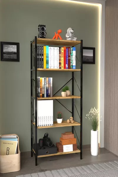 Libreria in metallo a 5 ripiani per ufficio con scaffale per libri e documenti, noce