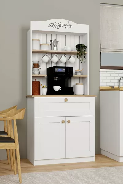 Lucas Coffee Corner and Multipurpose Kitchen Cabinet with 2 Doors and Drawers - Light Walnut & White