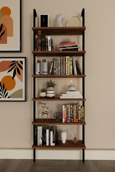Decoratief Ontwerp 6-laags Wandgemonteerde Boekenkast, Huisplank, Walnootplank