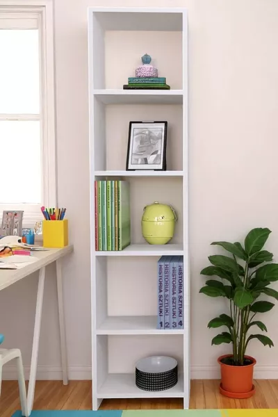 خزانة كتب ديكورية بيضاء بارتفاع 6 رفوف لمكتب، رف للأوراق، رف منزلي، رف للكتب