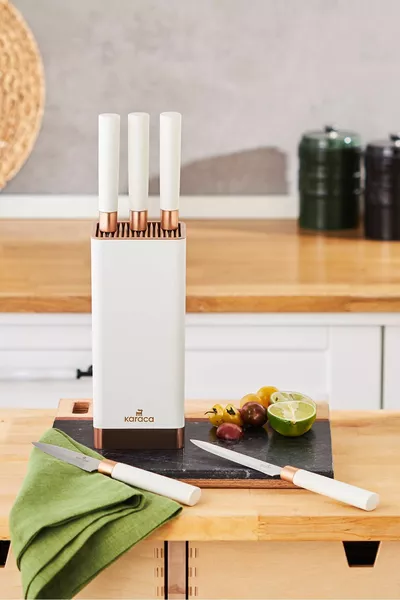 Skycut 6-Piece Knife Set with Stand, Cream