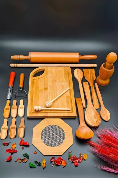 Wooden Kitchen Rolling Pin, Mortar, Rolling Pin, Trivet, Spoon, Ladle, Bamboo Cutting Board Dowry Set