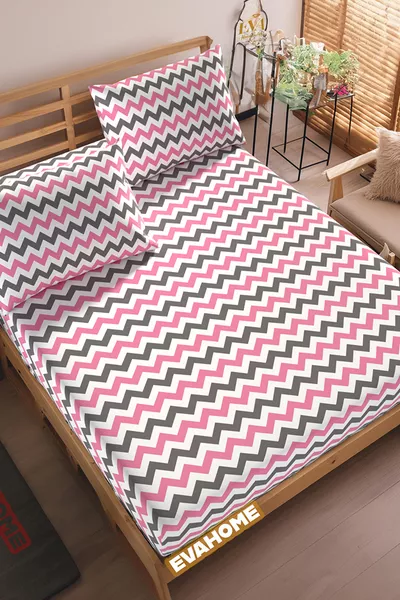 Roze, zigzagpatroon ranforce stof hoeslaken set met elastiek - eenpersoons/tweepersoons/extra groot